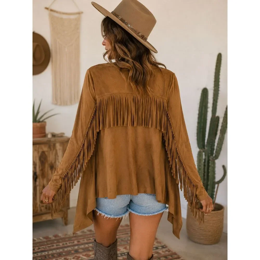 Western Fringe Faux Suede Open Front Cardigan |  Boho Cowgirl  Jacket | M